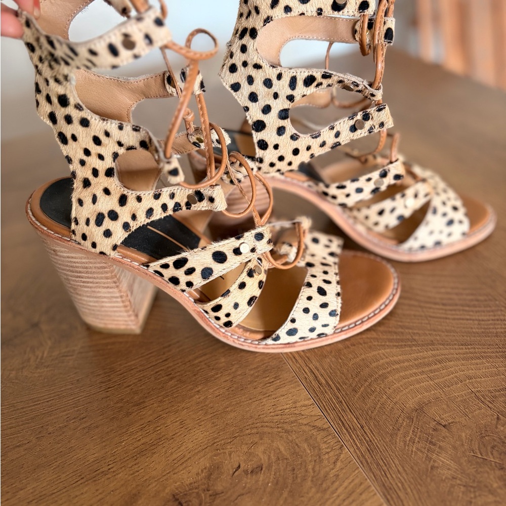 Dolce Vita Leopard Spot Lace-Up Block Heel Sandals in Tan and Black